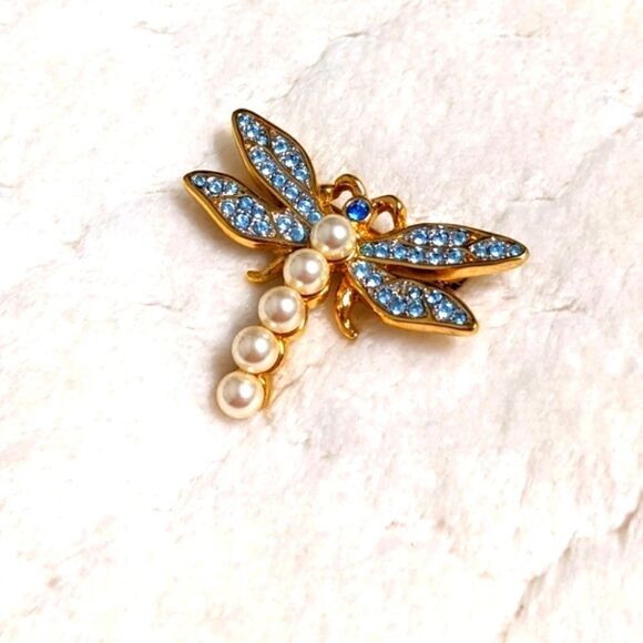 Swarovski Jewelry - Vintage 80's Swarovski Blue Crystals and Faux Pearl Dragonfly Brooche